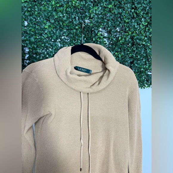 LAUREN RALPH LAUREN 100% Cotton Khaki Waffle Knit Cowl Neck Sweater, Size Small - Picture 5 of 14